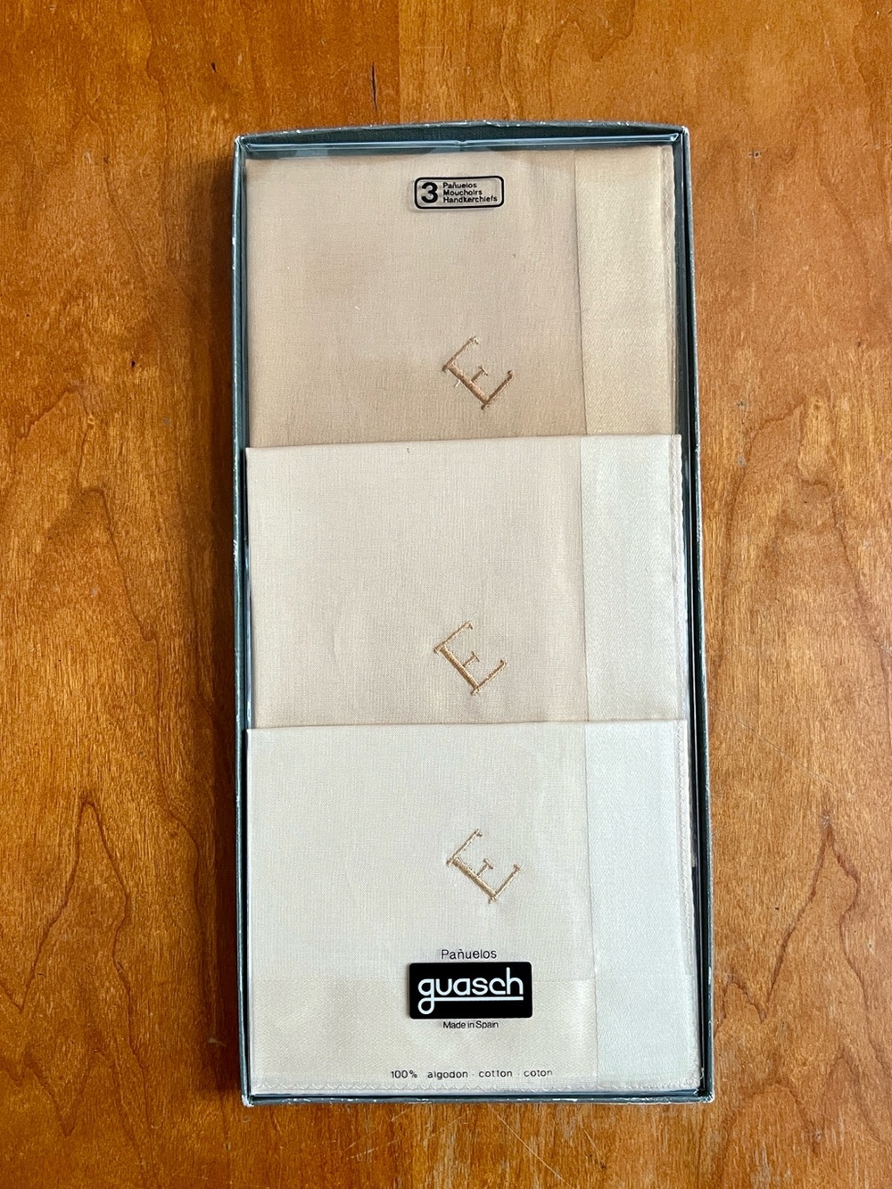 NWT Guasch Set of 3 Vintage 1970s Embroidered Monogrammed E Cotton Handkerchiefs